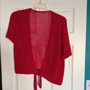 Alfred Dunner Red Open-Knit Tie-Front Short Sleeve Cardigan